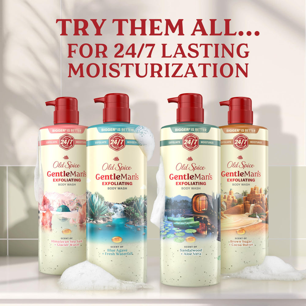 Old Spice bottle paired with deodorant and spray for layered freshness