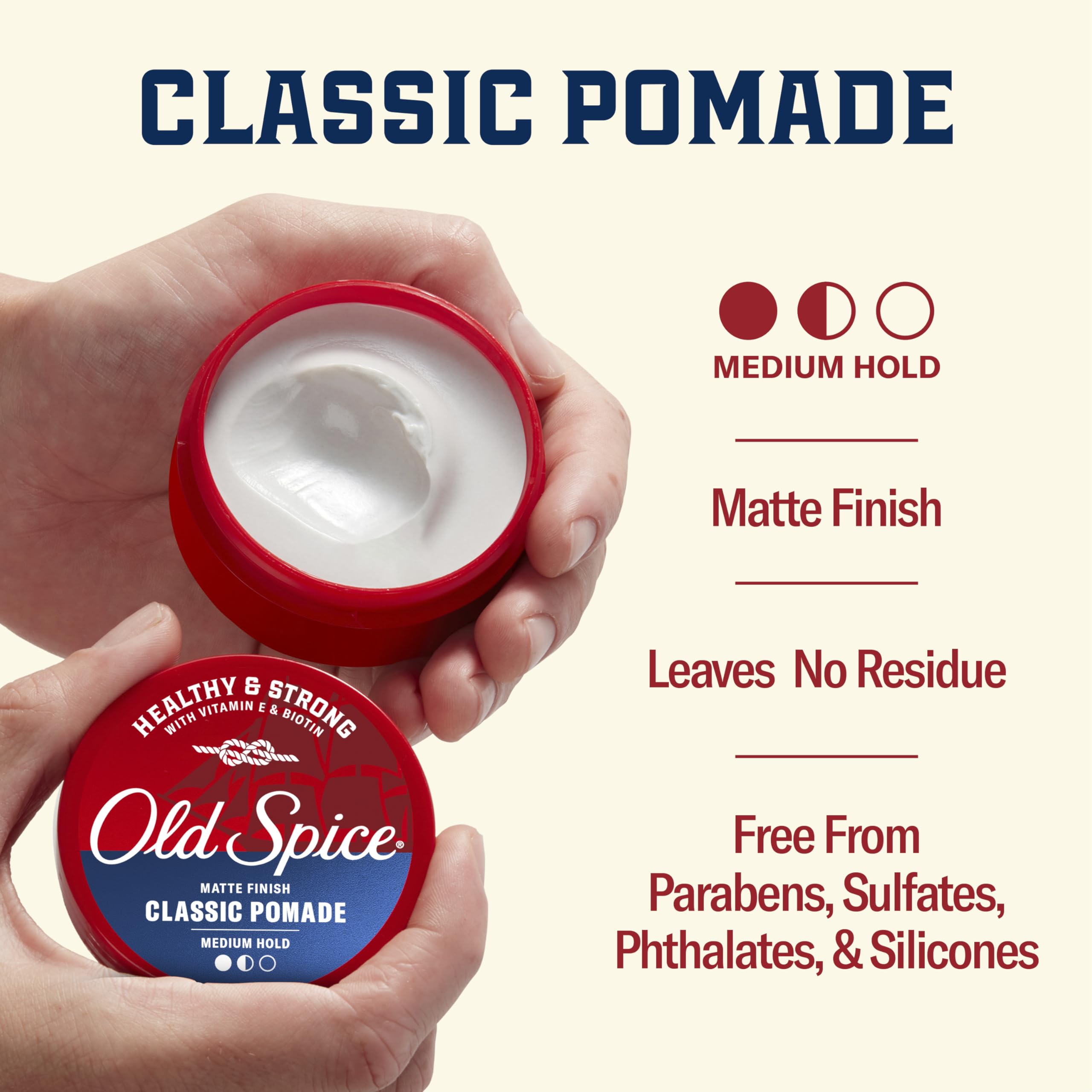 Old Spice pomade ingredient label with Vitamin E and Biotin benefit