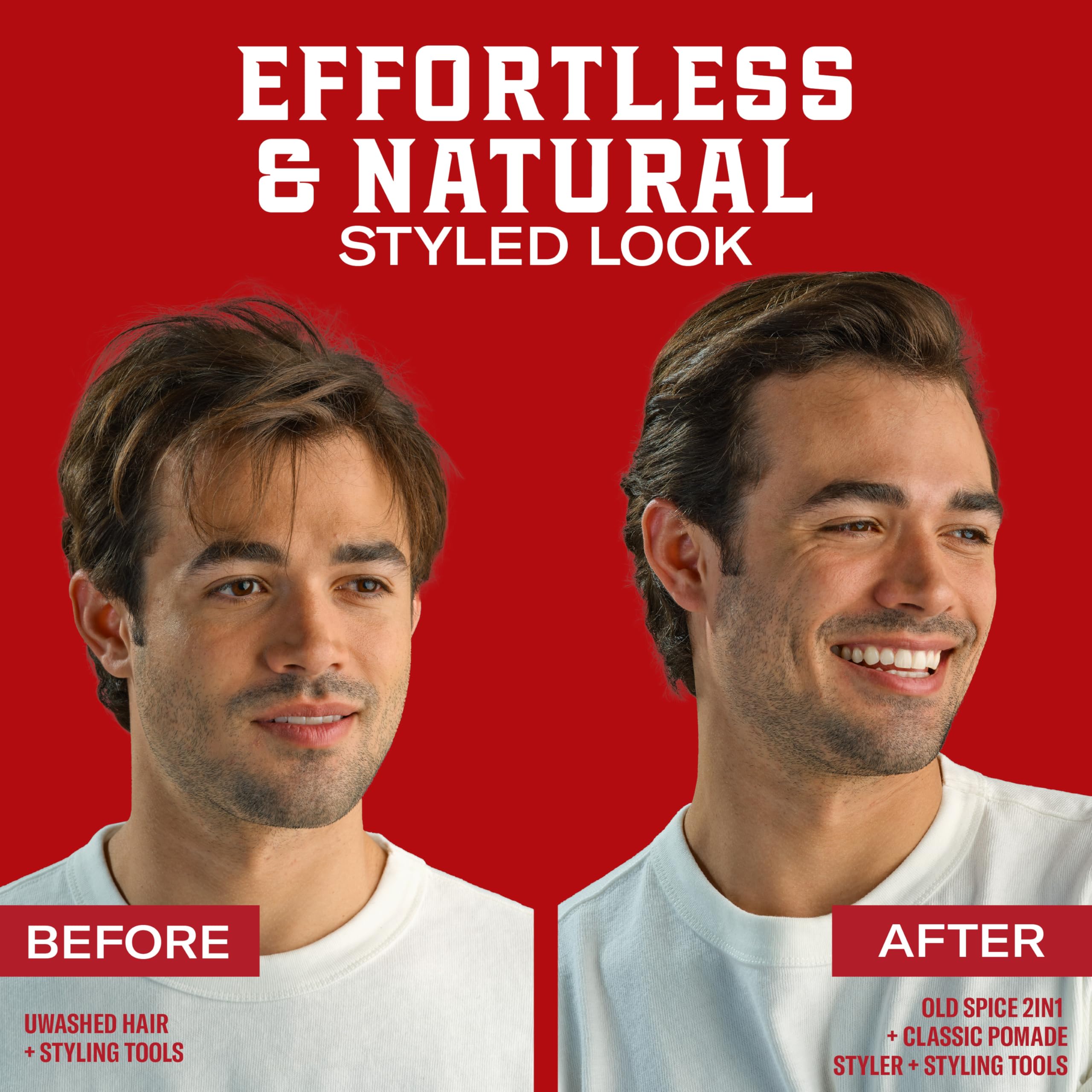 Old Spice pomade next to everyday items showing compact travel-ready benefit