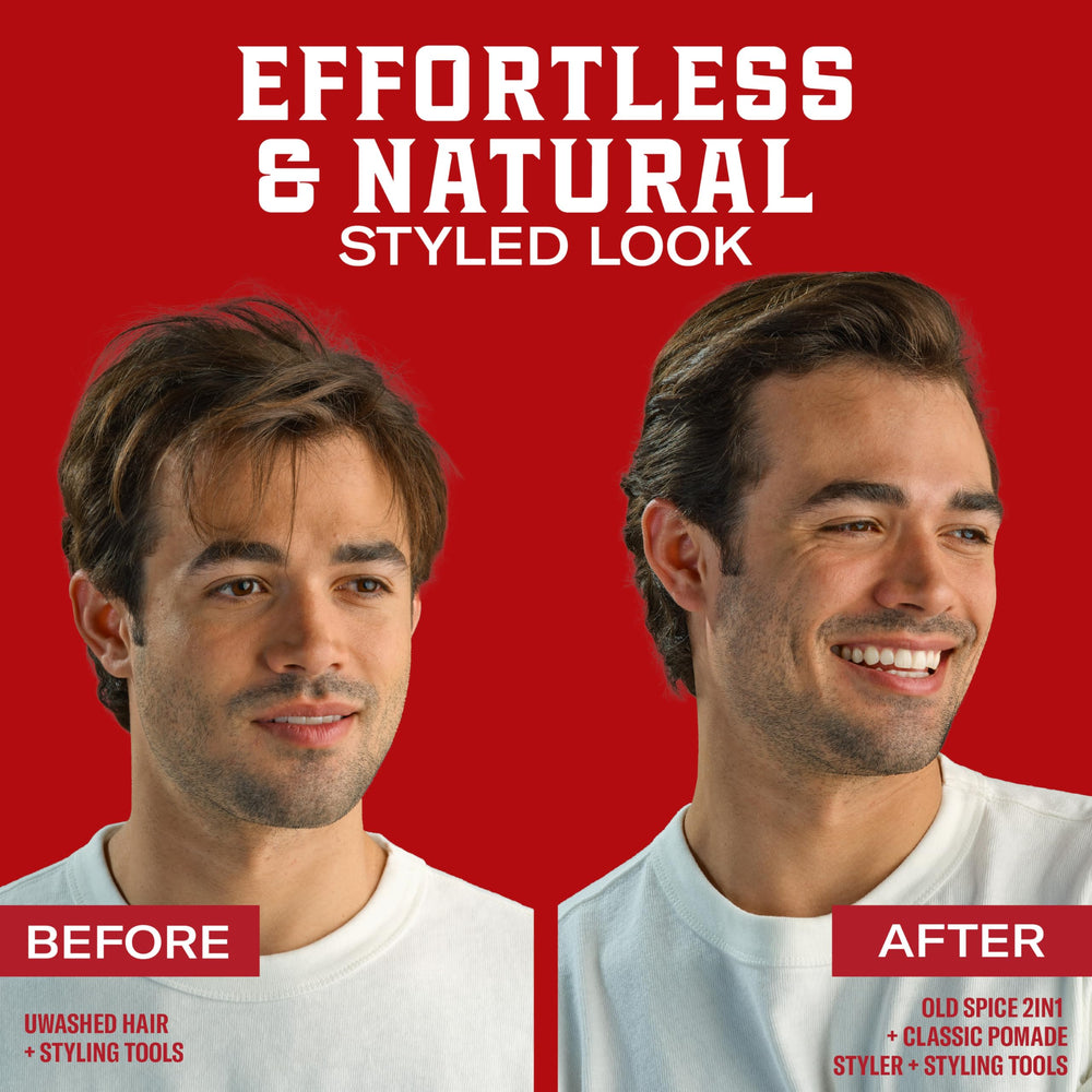 Old Spice pomade next to everyday items showing compact travel-ready benefit