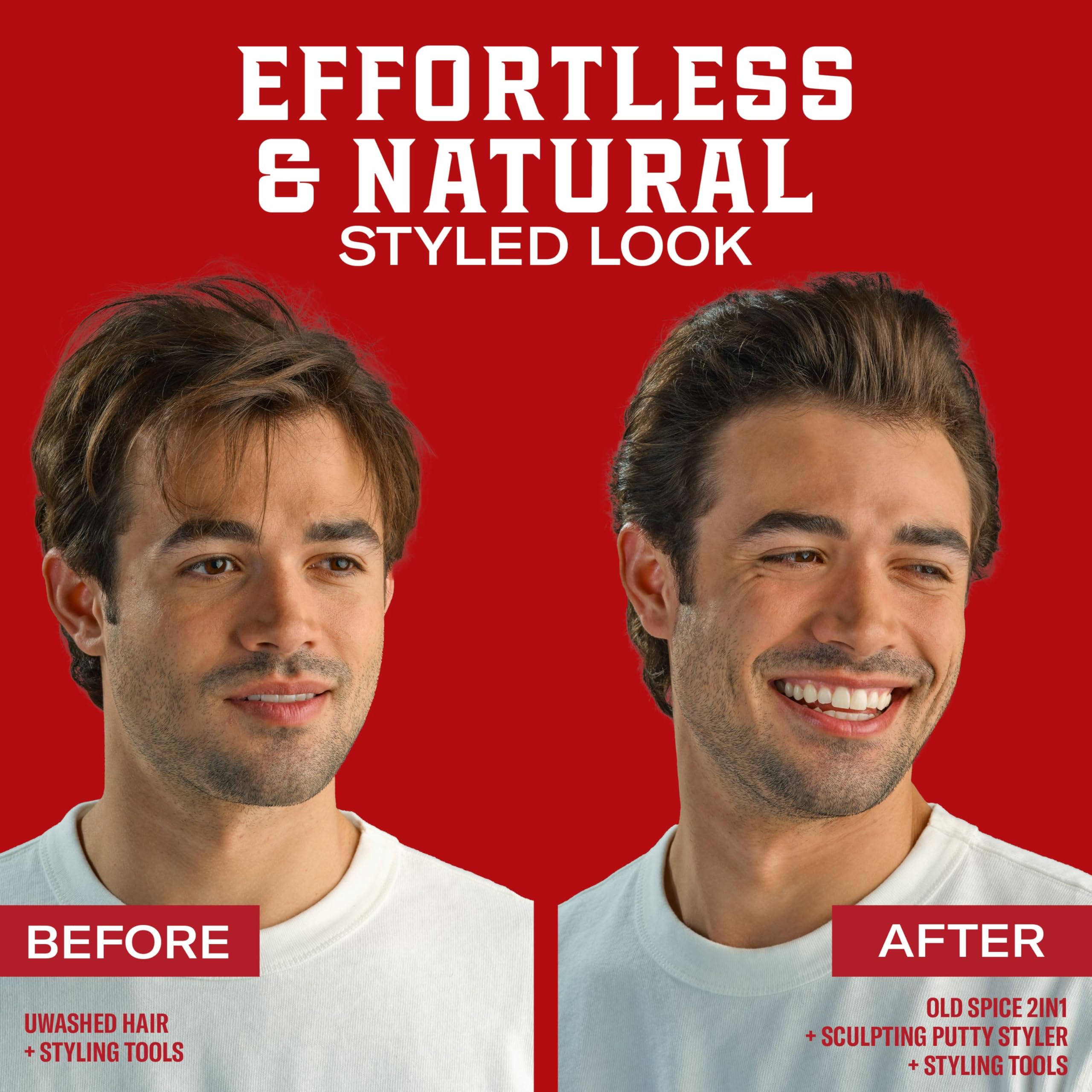 Applying Old Spice putty to damp hair, illustrates softer, malleable styling benefits