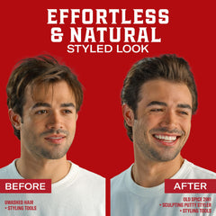 Applying Old Spice putty to damp hair, illustrates softer, malleable styling benefits
