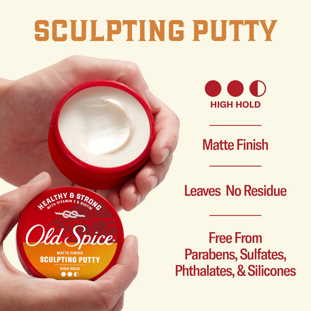 Close-up of Old Spice label and ingredient callouts, highlights Vitamin E and Biotin benefits
