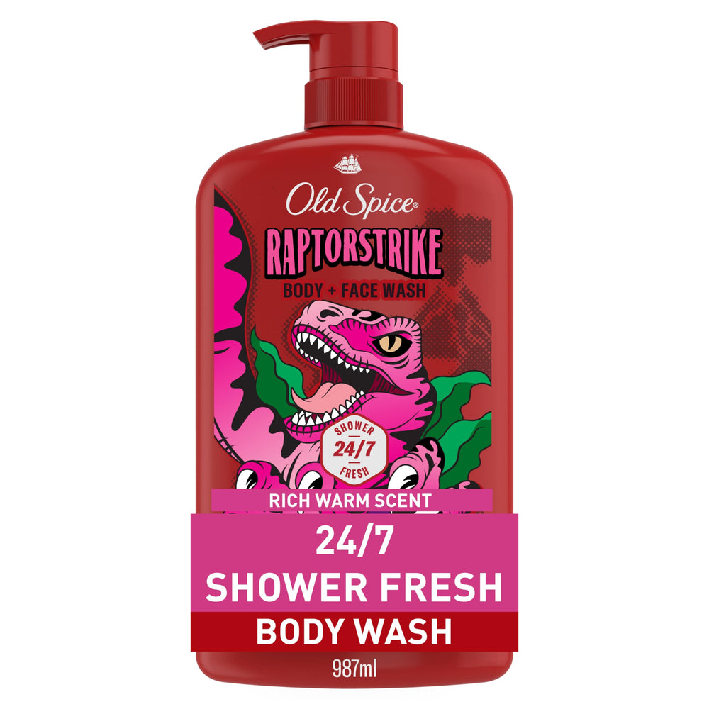 Old Spice Raptorstrike front bottle showing dark berry scent benefit