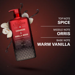 Old Spice still life with vanilla and wood props evoking warm refined scent