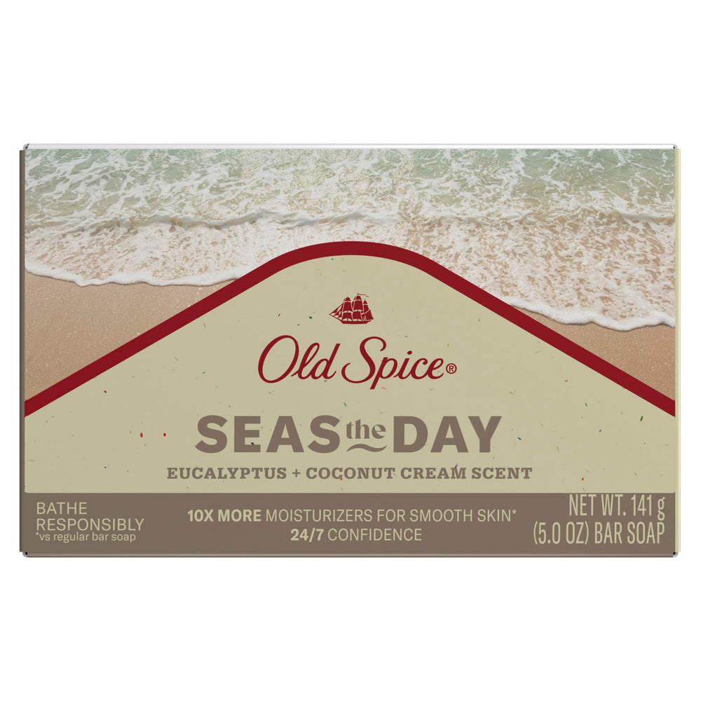 Old Spice bar front view showing packaging and moisturizing benefit