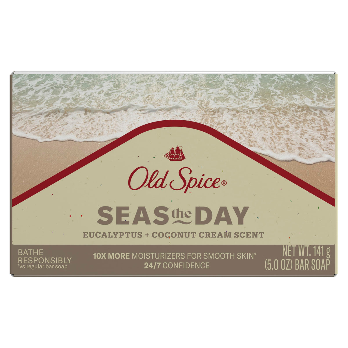 Old Spice bar front view showing packaging and moisturizing benefit
