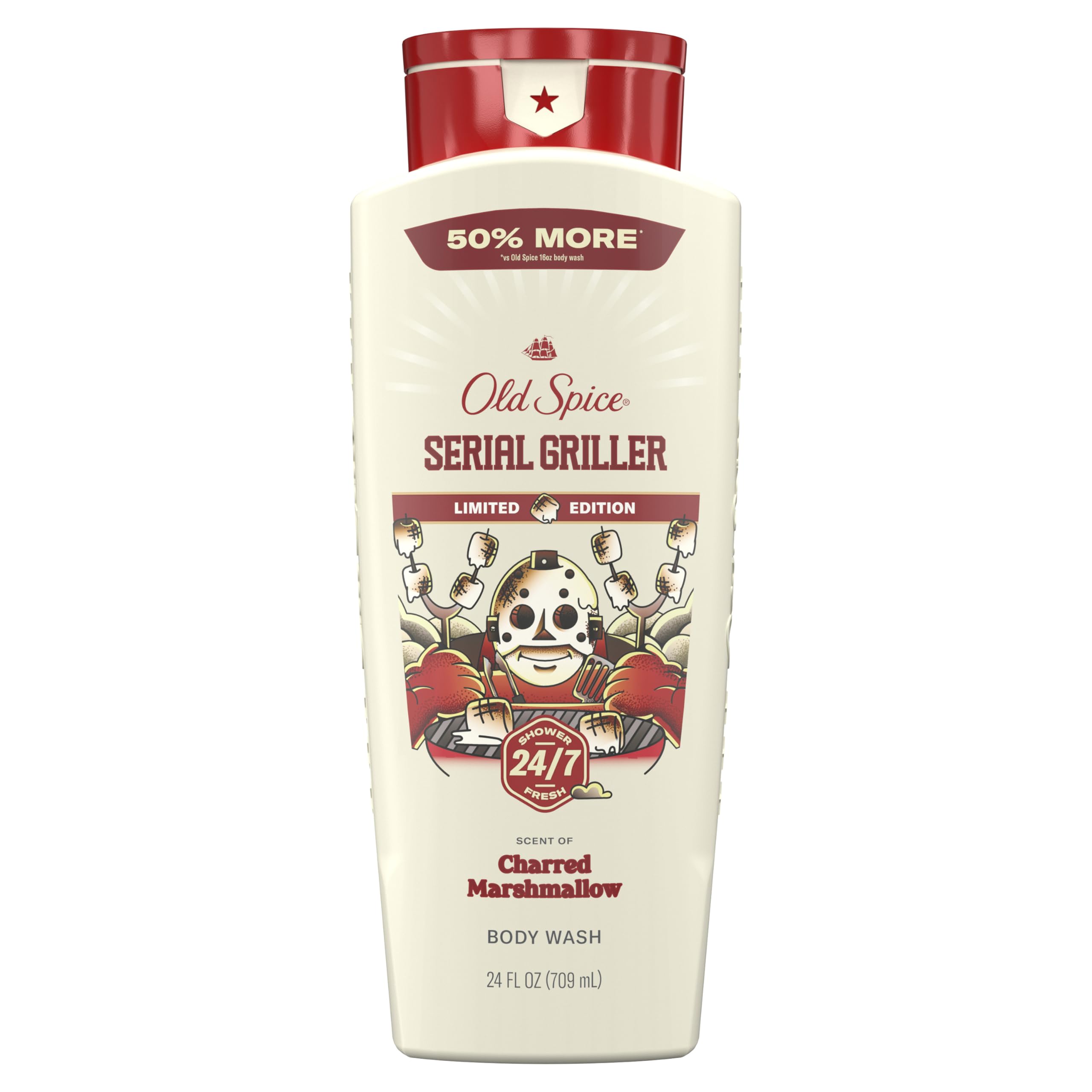 Old Spice bottle front view showing Serial Griller scent and bold packaging benefit
