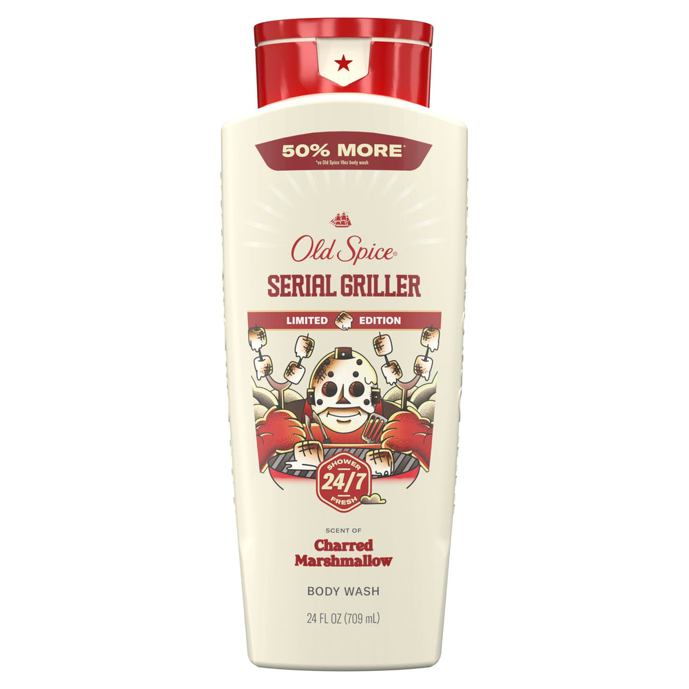 Old Spice bottle front view showing Serial Griller scent and bold packaging benefit