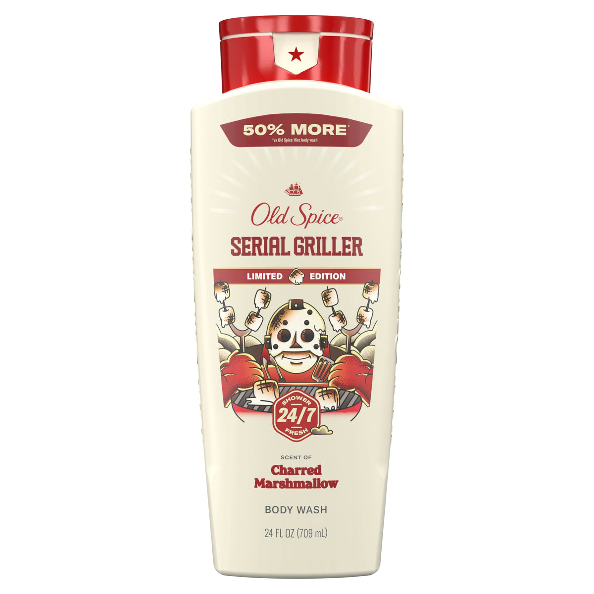 Old Spice bottle front view showing Serial Griller scent and bold packaging benefit