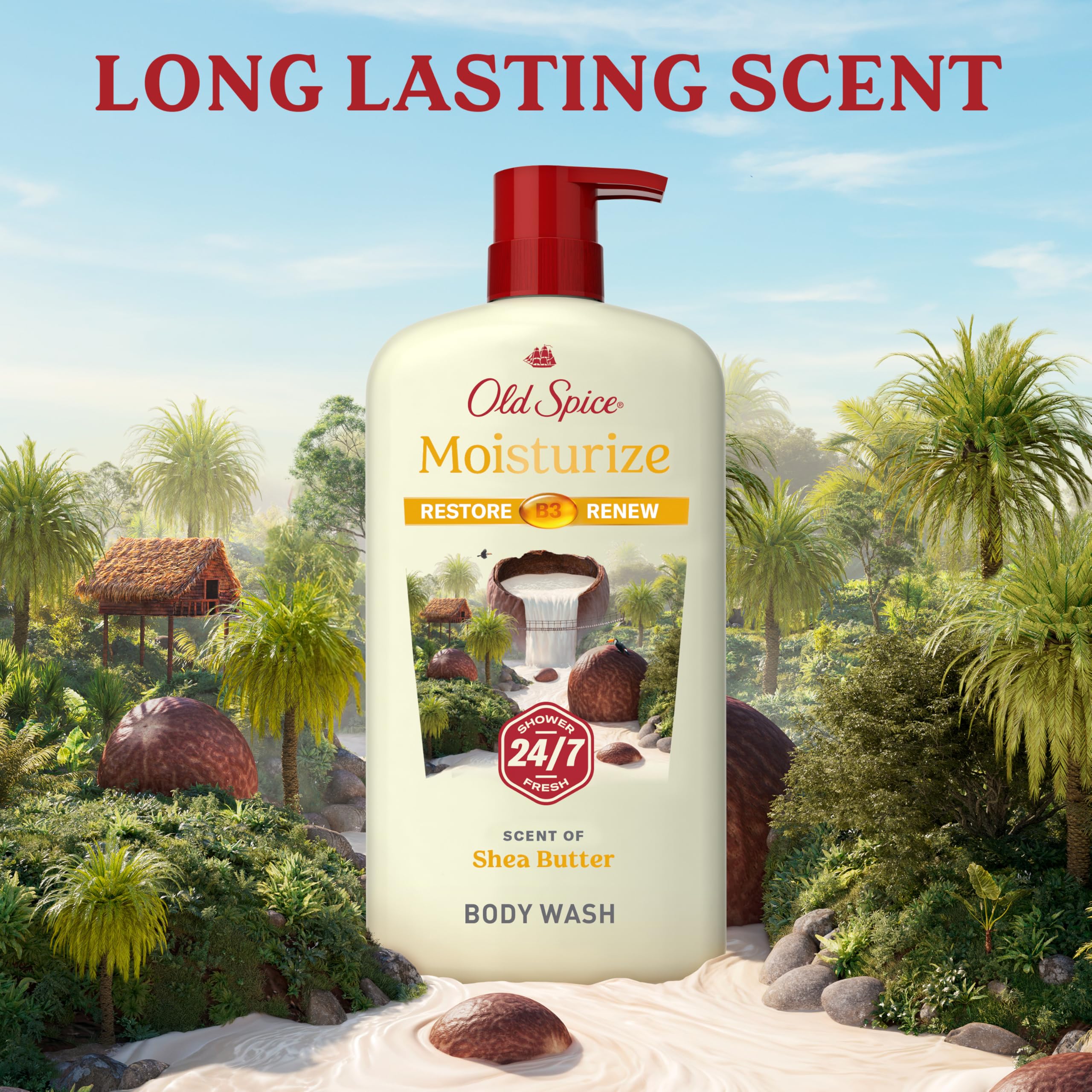 Old Spice body wash on bathroom shelf in use scenario, suggests daily routine benefit