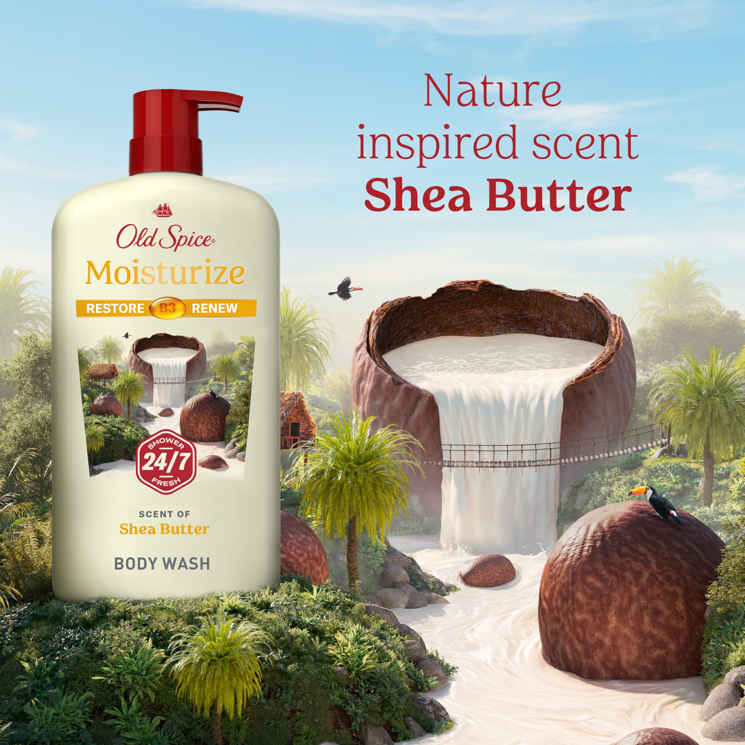 Ingredient-focused shot of shea butter and vitamin B3 with Old Spice, indicates hydration