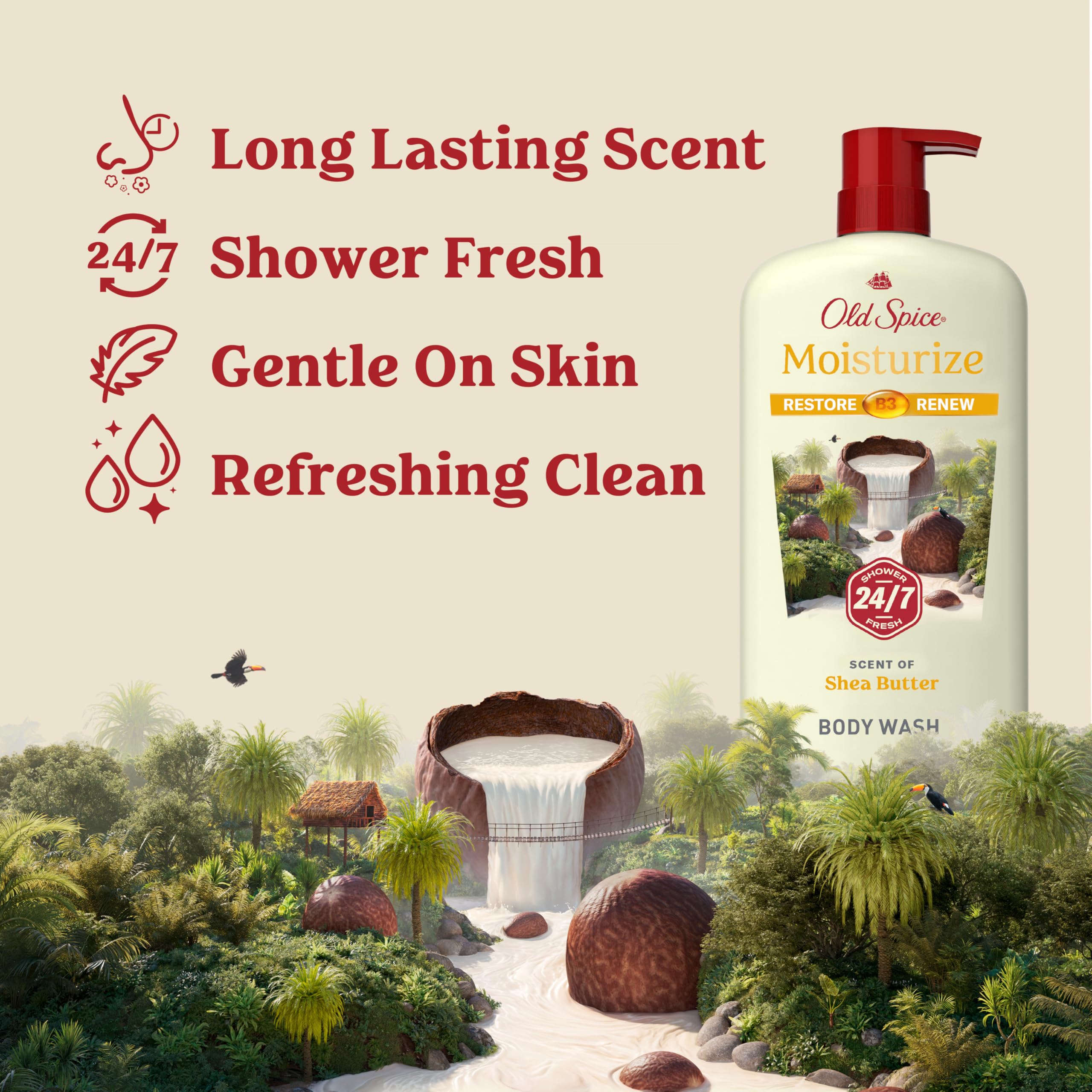Close-up of Old Spice pump dispensing wash, highlights easy morning use