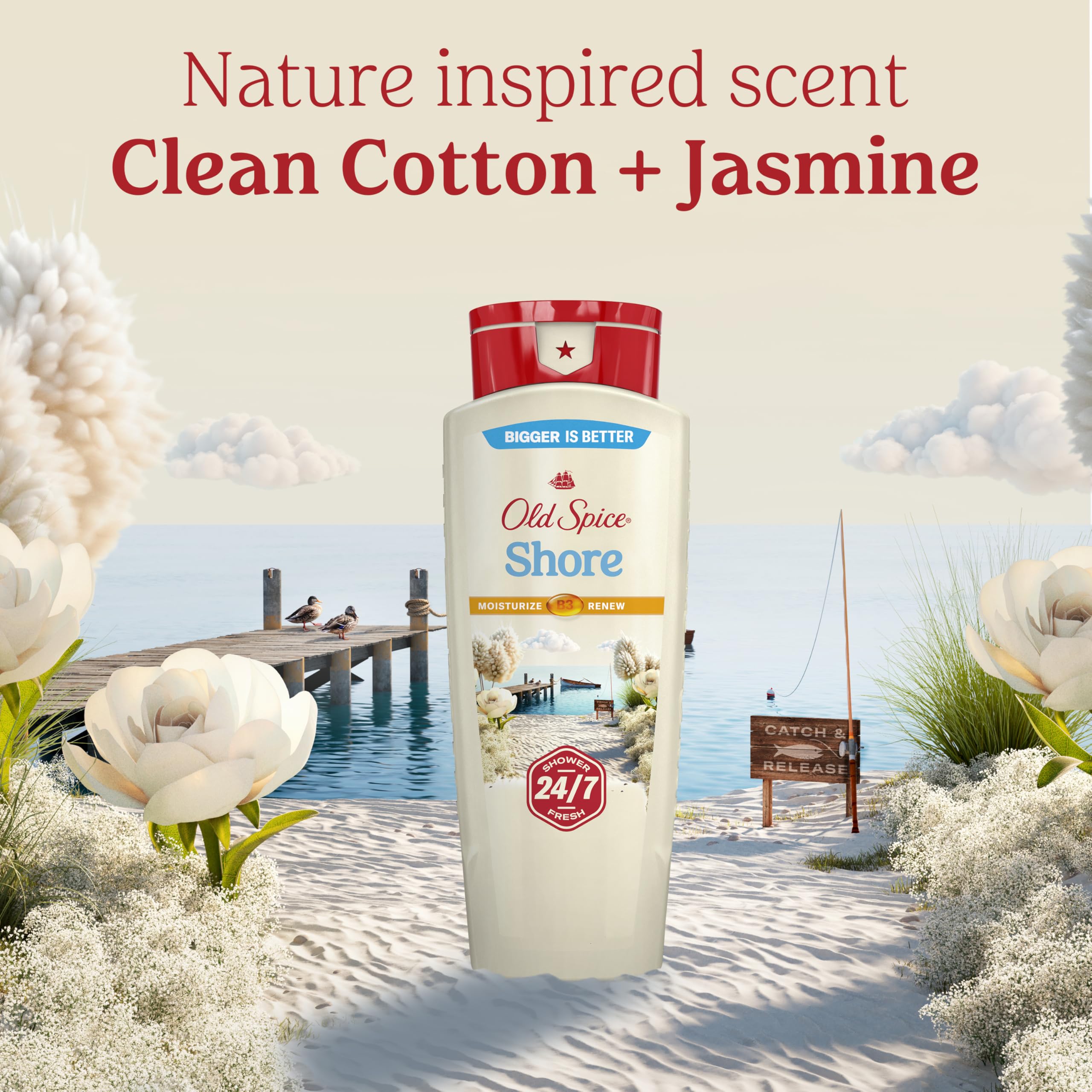 Old Spice on bathroom shelf with toiletries showing lifestyle freshness benefit
