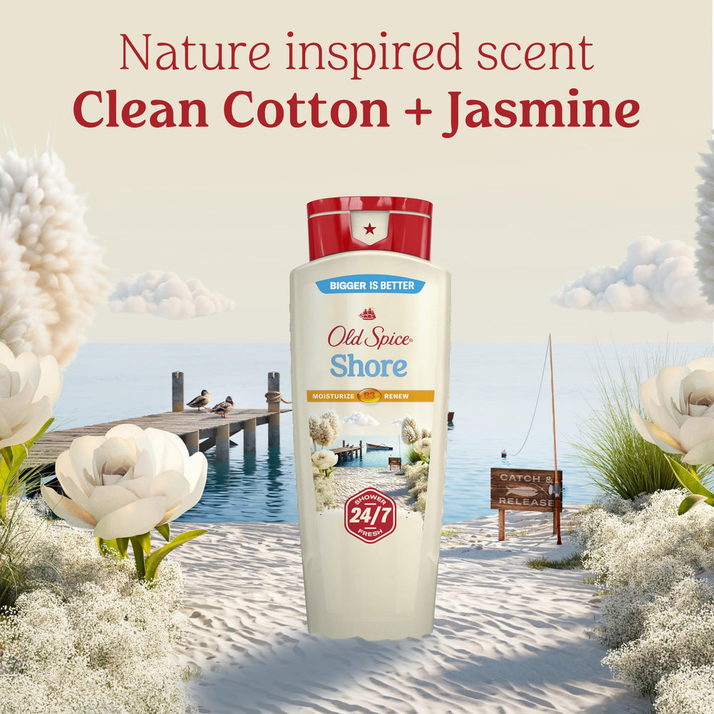 Old Spice on bathroom shelf with toiletries showing lifestyle freshness benefit