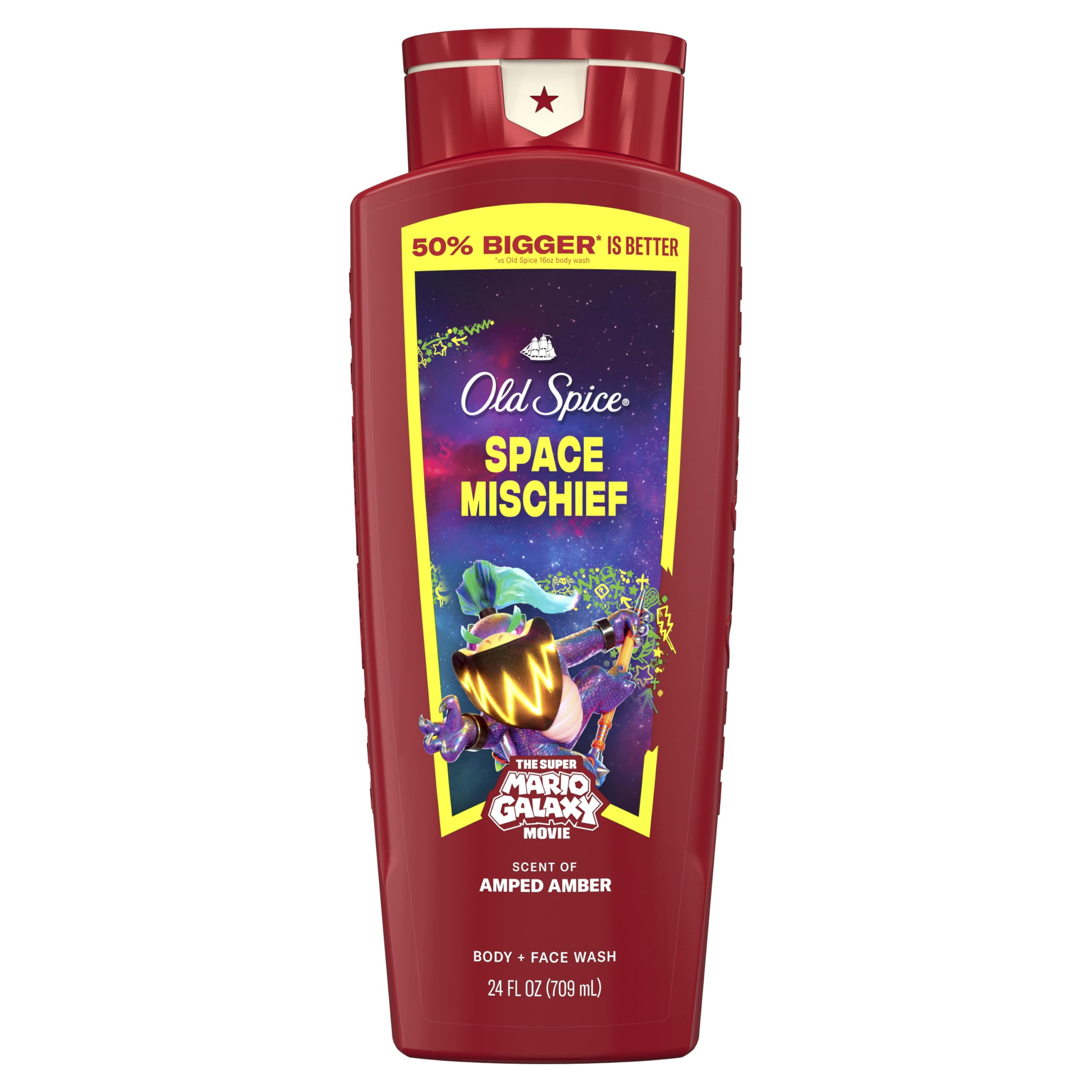 Old Spice Space Mischief front packaging showing bold label and Amped Amber benefit