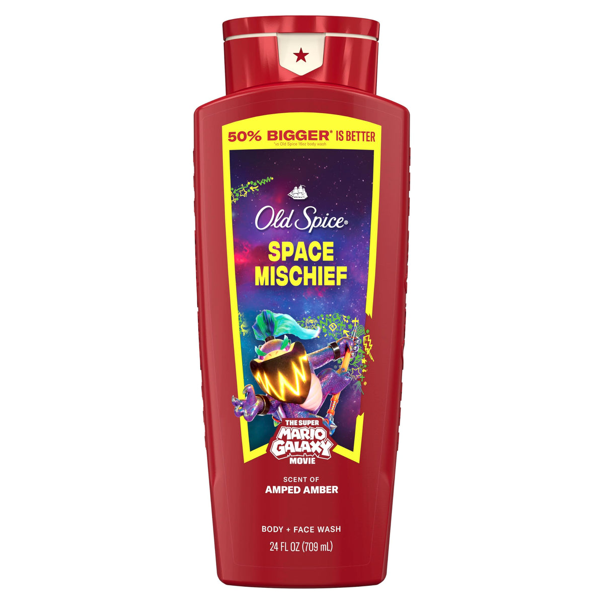 Old Spice Space Mischief front packaging showing bold label and Amped Amber benefit