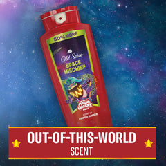 Old Spice Space Mischief bottle in shower setting demonstrating daily-use convenience