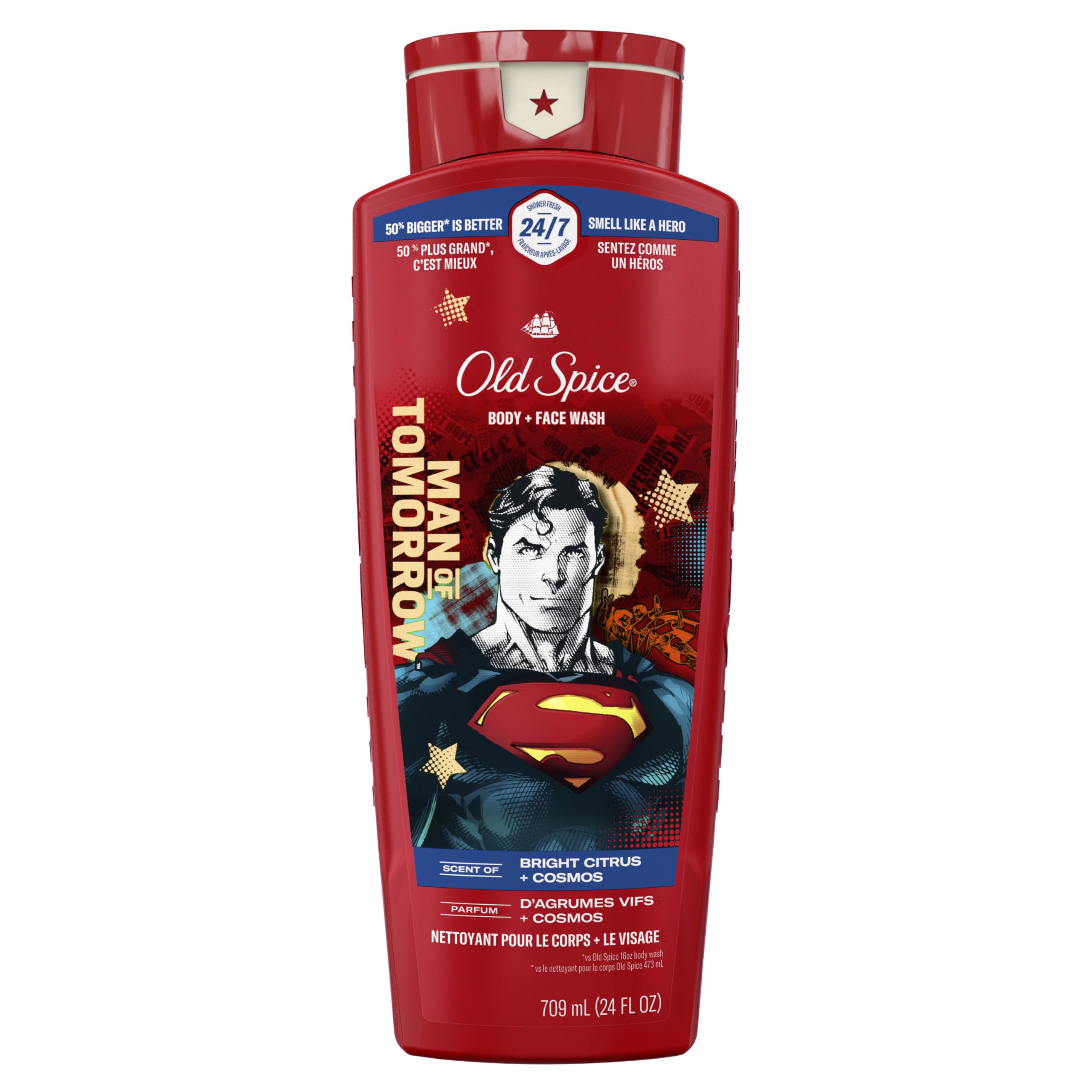 Old Spice Superman front bottle showing brand and heroic scent benefits