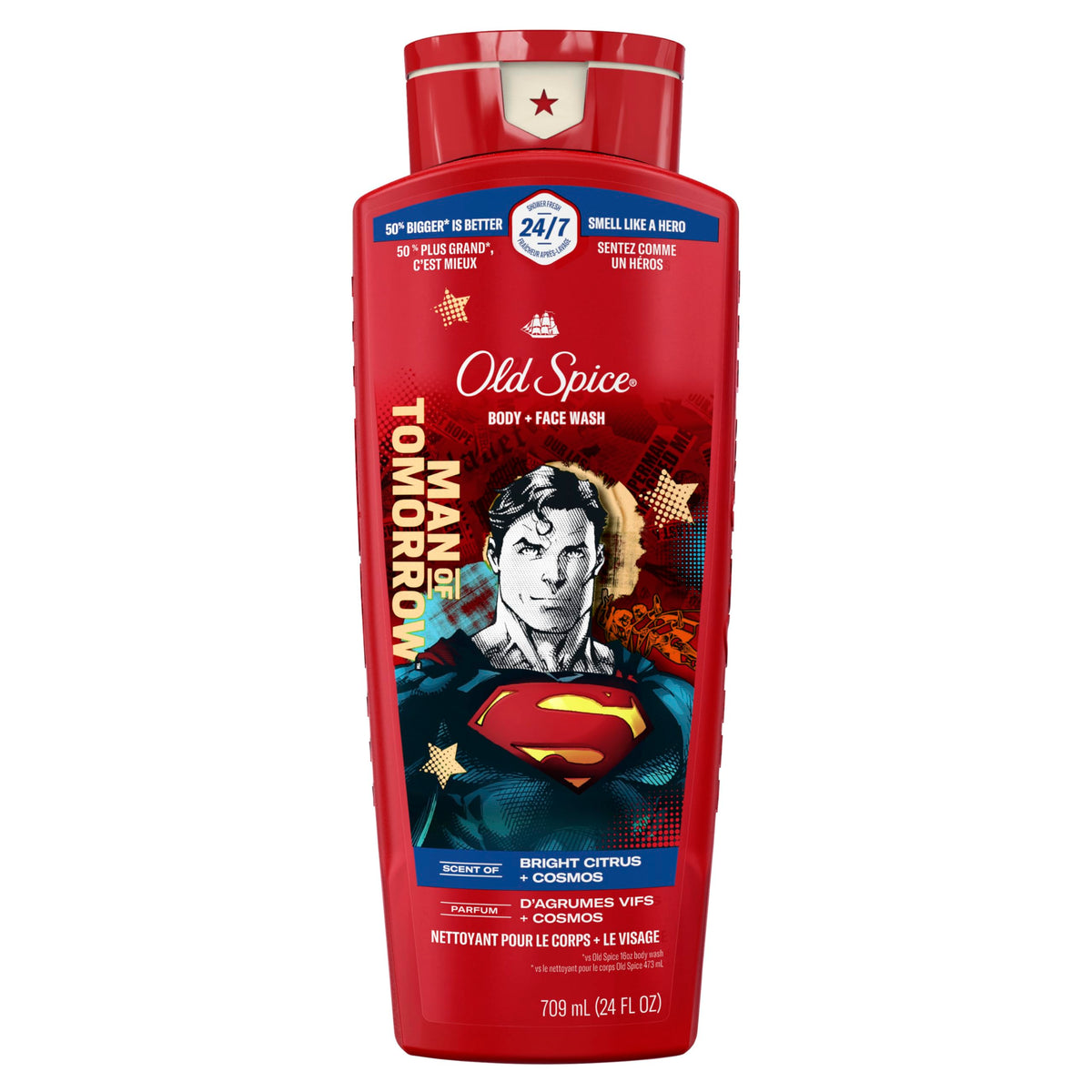 Old Spice Superman front bottle showing brand and heroic scent benefits