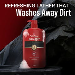 Old Spice Swagger bottle placed on shower shelf highlighting accessibility and convenience