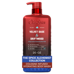 Old Spice bottle front packaging showing Velvet Sage + Driftwood scent benefits