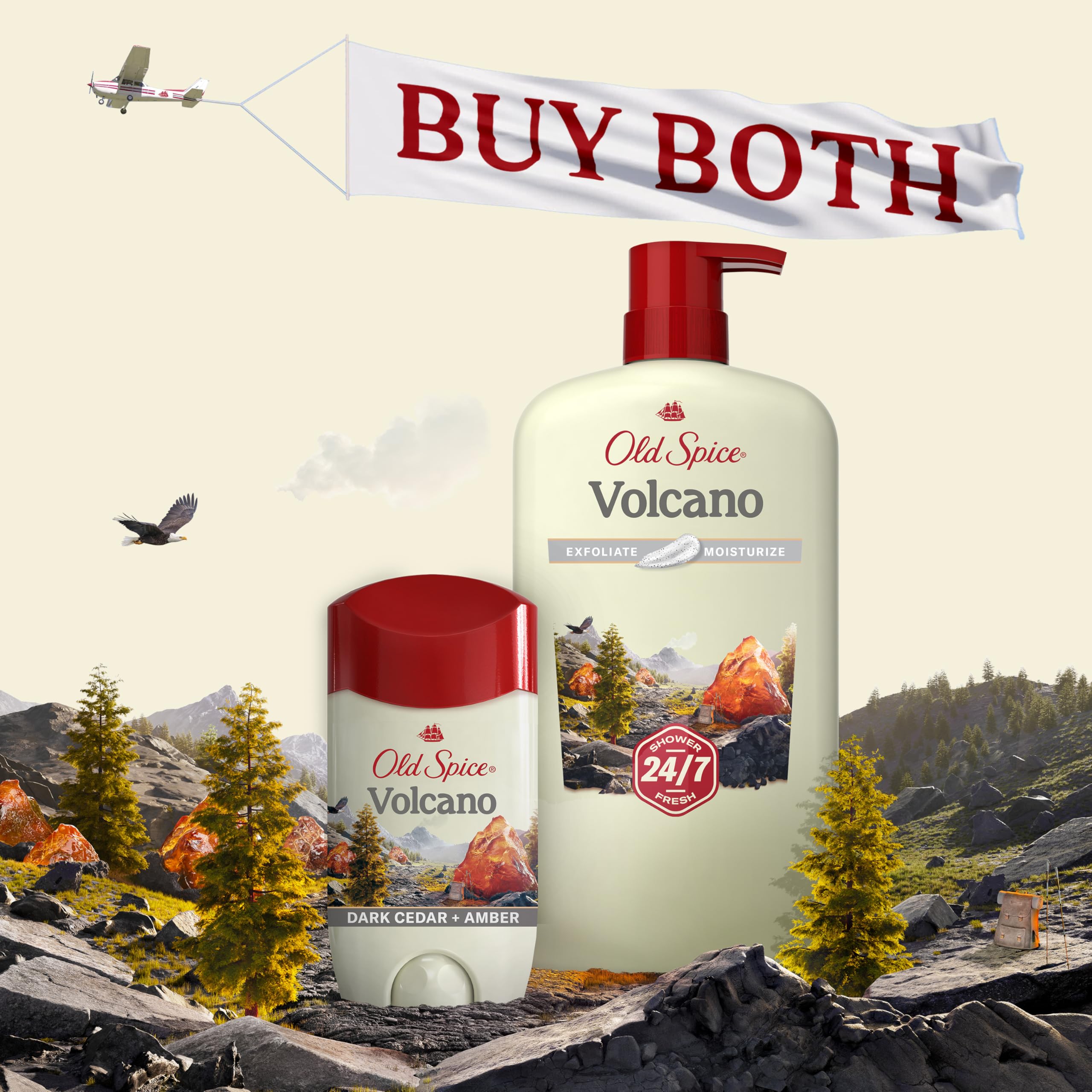 Old Spice Volcano bottle on shower shelf showing easy access and storage