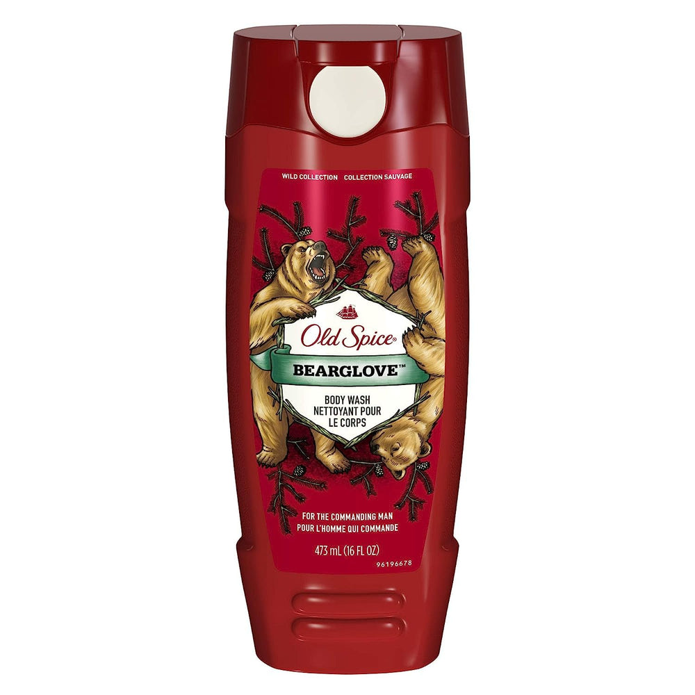 Old Spice Wild Bearglove red bottle staged on shelf showing eye-catching retail appeal benefit