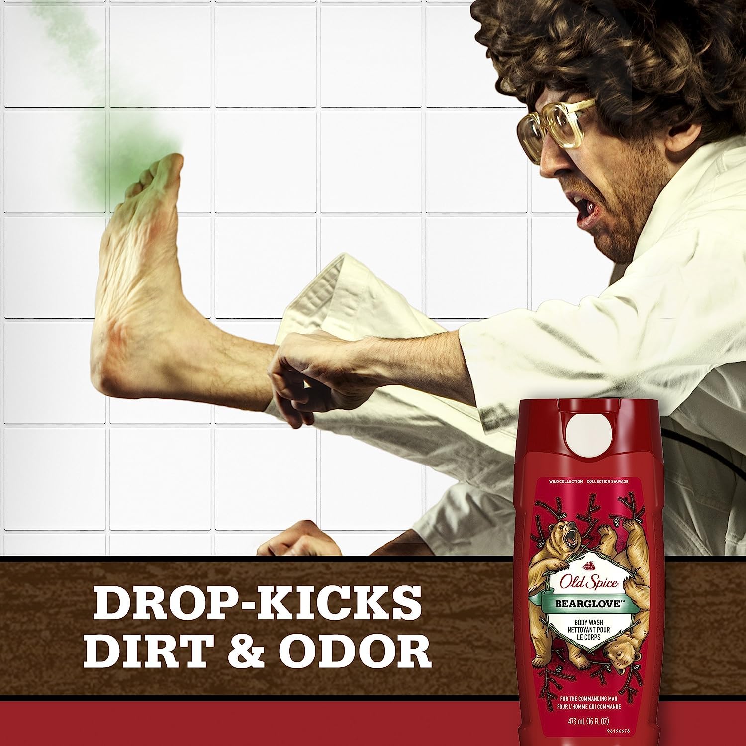 Old Spice Wild Bearglove next to common objects showing 16 oz size and lasting value benefit
