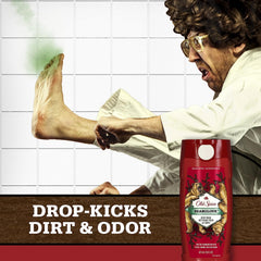 Old Spice Wild Bearglove next to common objects showing 16 oz size and lasting value benefit