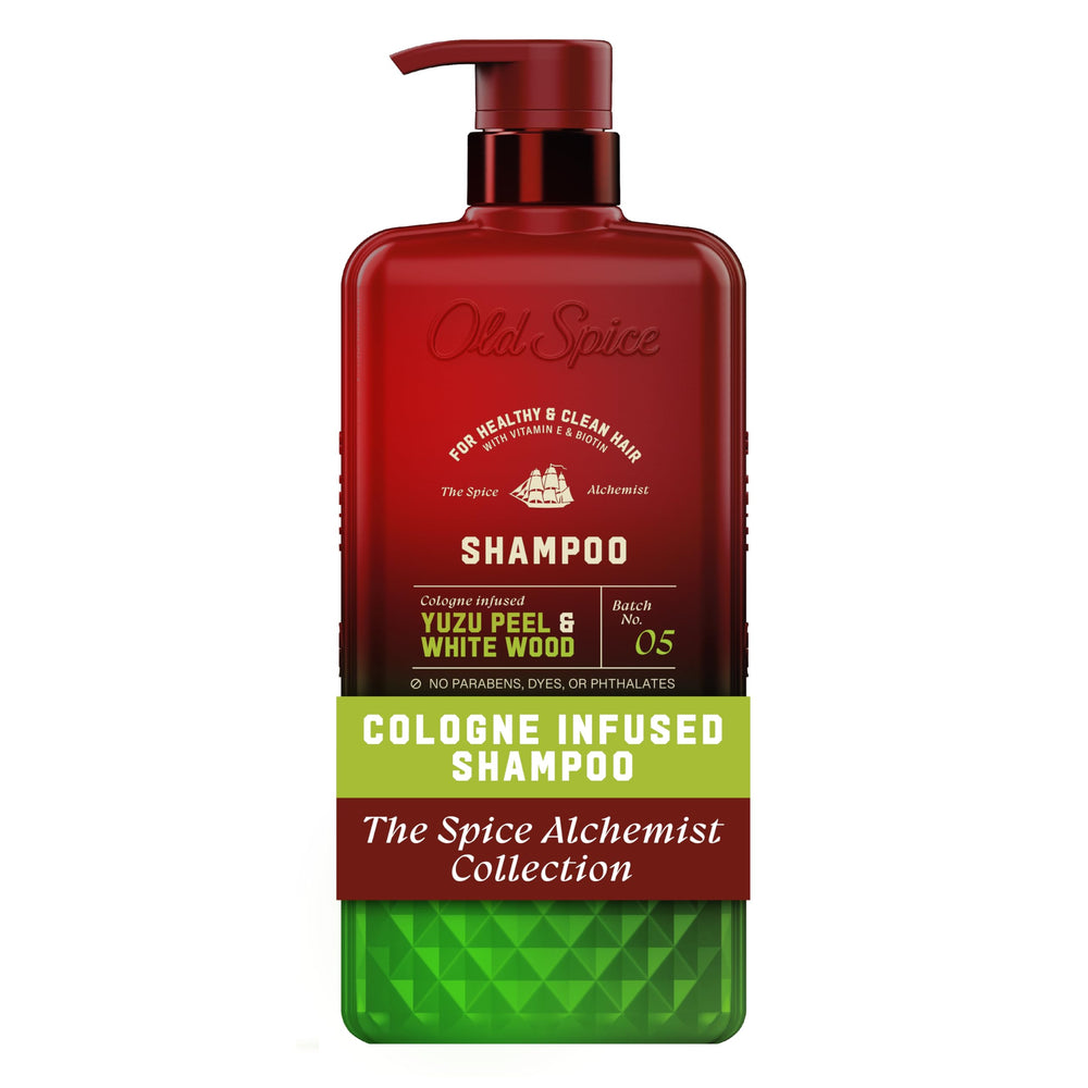Old Spice bottle front packaging showing scent and volume benefit