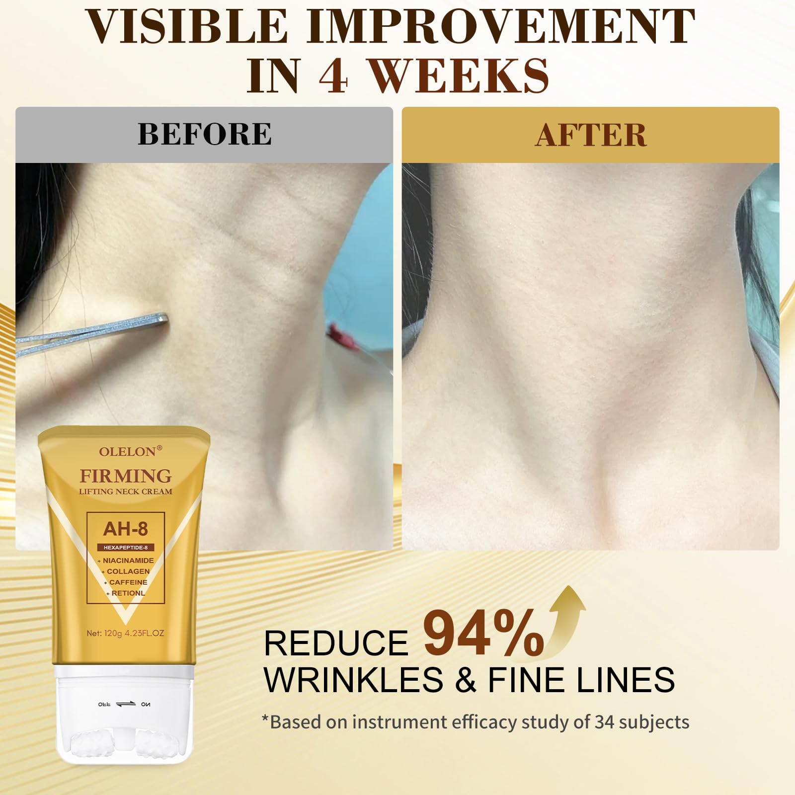Person applying OLELON AH8 with roller to neck for lifted contour