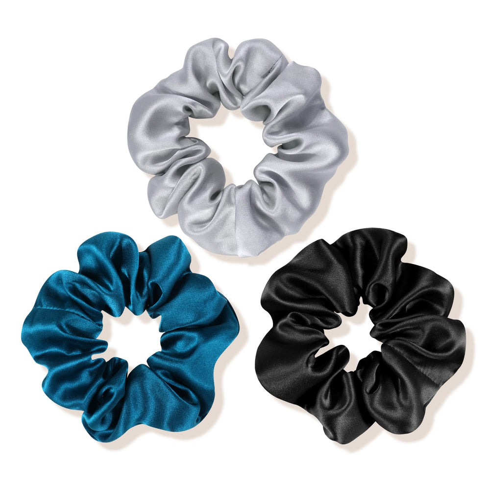 OLESILK front packaging showing three silk scrunchies and benefits