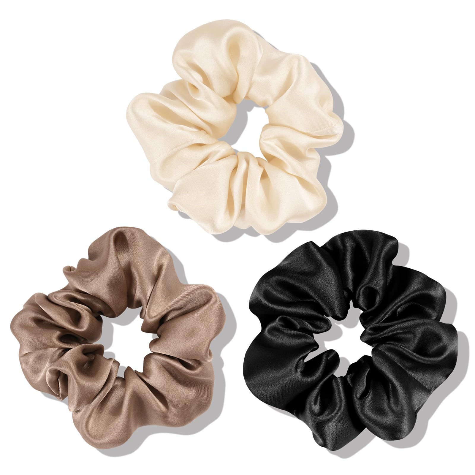 OLESILK front view of three silk scrunchies showing color and shine for gentle hold