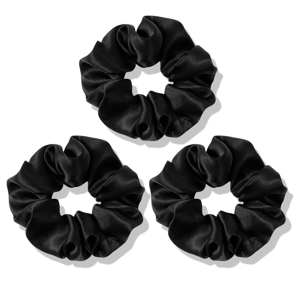 OLESILK front packaging showing three silk scrunchies, elegant protective hair ties