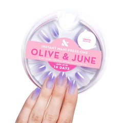 Olive & June front packaging showing purple chrome gradient and included kit benefits