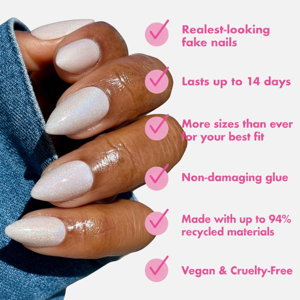 Olive & June stiletto-shaped nails displayed to show length and elegant profile