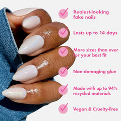 Olive & June stiletto-shaped nails displayed to show length and elegant profile