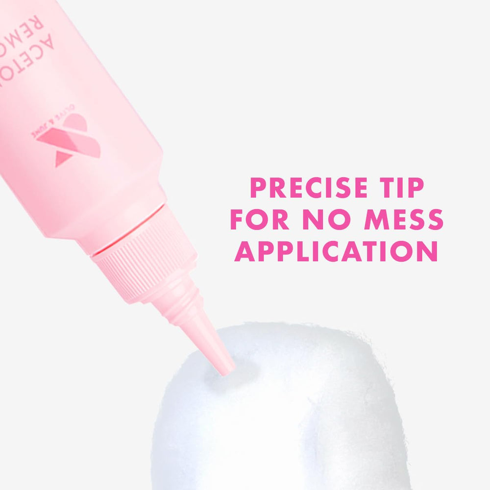 Olive & June liquid texture drip demonstrating fast-acting solvent power for easy removal