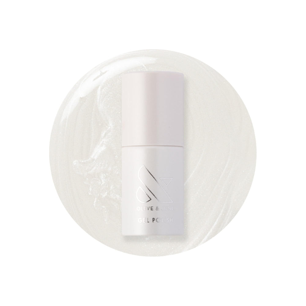 Olive & June bottle front showing Atlas Pearly White and glossy finish benefit