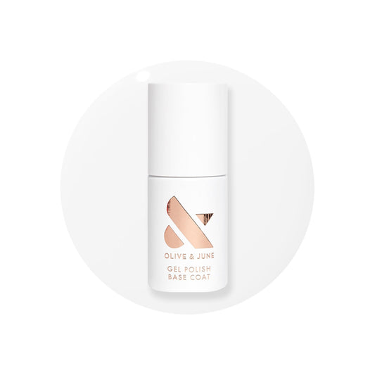 Olive & June base coat bottle front showing clean formula benefit