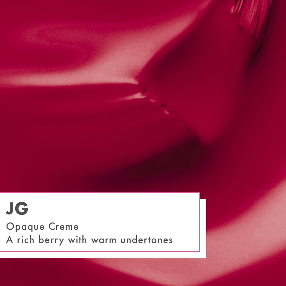 Olive & June swatch on a nail tip illustrating the rich Berry JG shade and glossy result