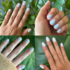 Olive & June BP Icy Blue on manicured nails showing chip-resistant wear benefit
