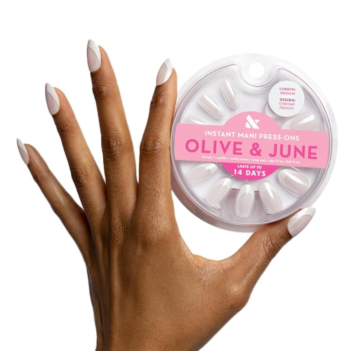 Olive & June front packaging showing chrome French press-on nails and included tools for instant salon look