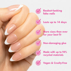 Olive & June close-up of almond-shaped nail edge showing realistic curvature benefit