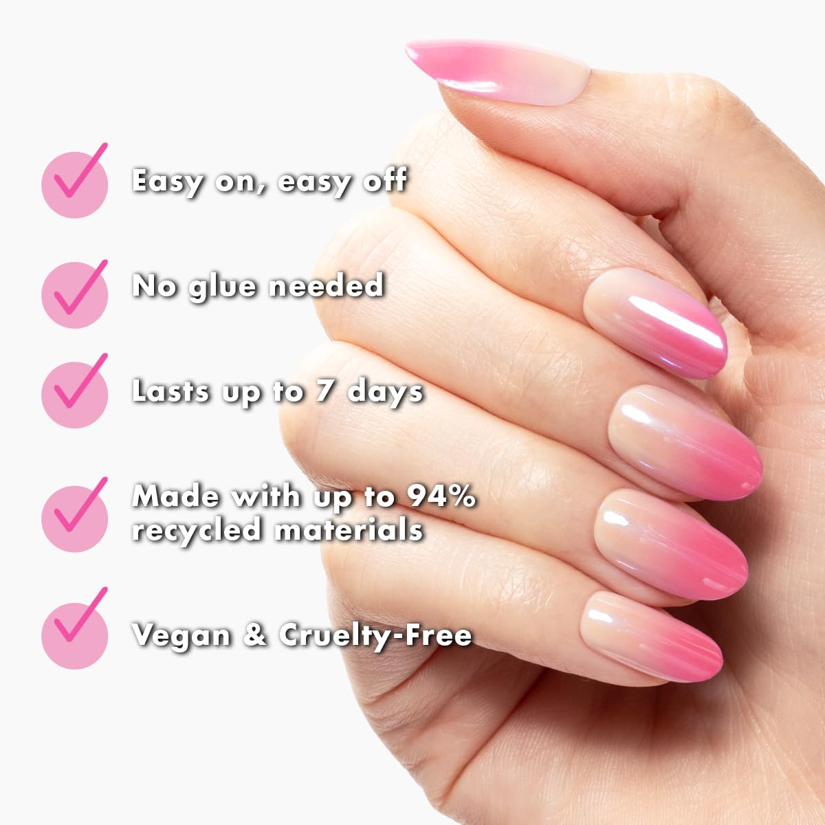 Olive & June close-up of nail curvature highlighting realistic fit and smooth finish