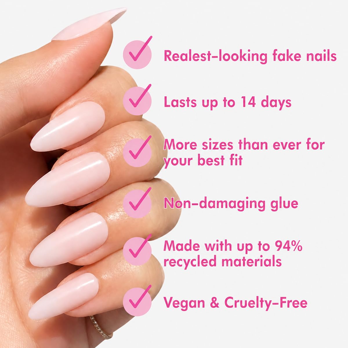 Olive & June close-up of almond nail curve showing realistic shape and fit benefit