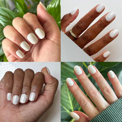 Olive & June nails worn on hand lifestyle image showing extra short round look and everyday style