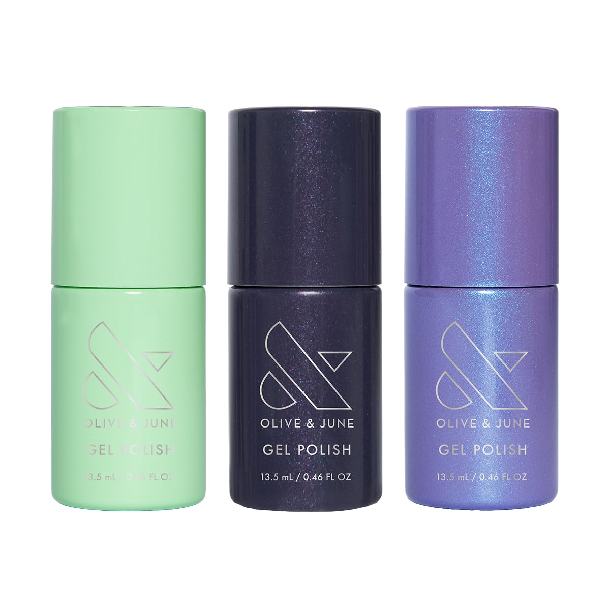 Olive & June swatch cards showing three Mandalorian & Grogu gel colors for shade preview