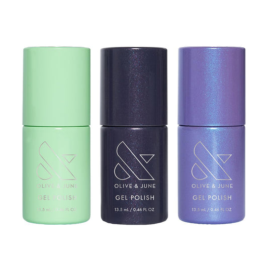 Olive & June swatch cards showing three Mandalorian & Grogu gel colors for shade preview